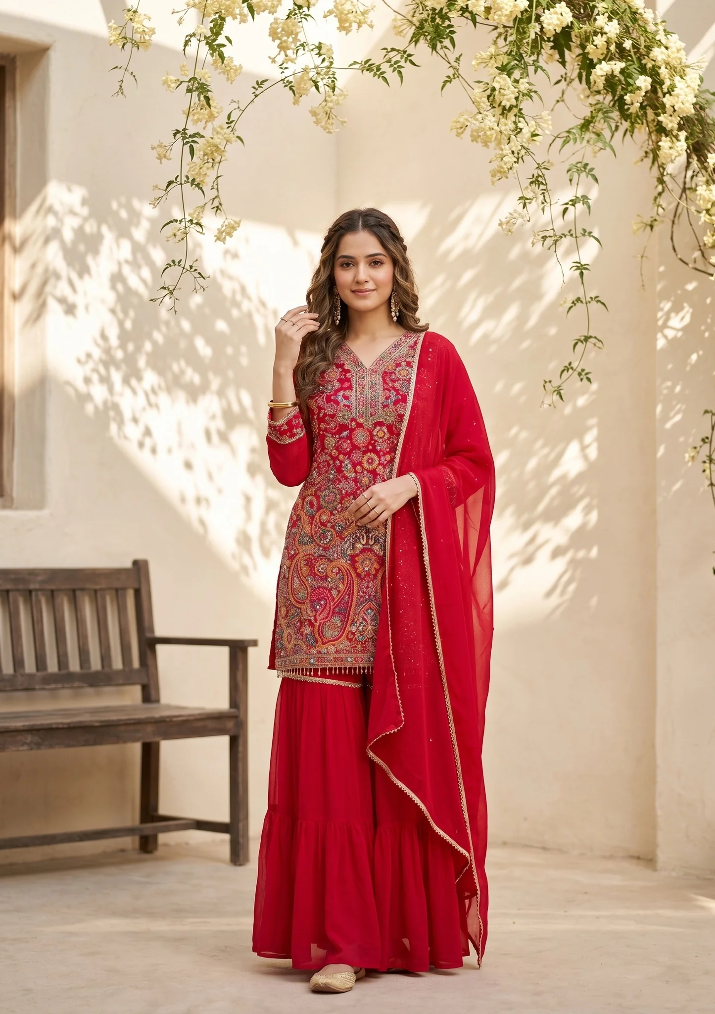 Rani Pink Threadwork Georgette Readymade Salwar Suit